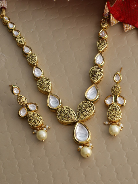

Tistabene Gold-Plated & White Kundan Studded Antique Meenakari Jewellery Set