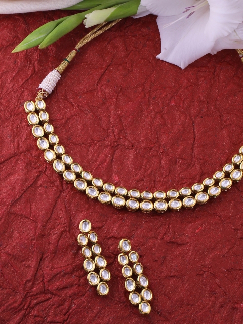 

Tistabene Women Gold-Plated White Kundan Stone-Studded Two Line Jewellery Set