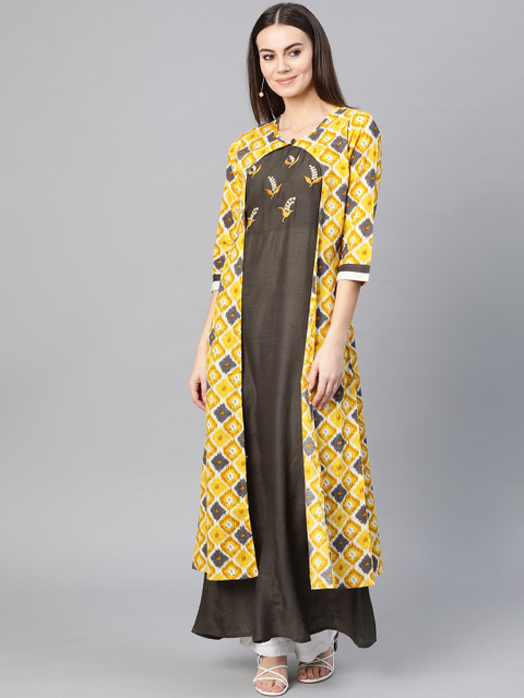 

Yuris Women Yellow & Grey Printed A-Line Kurta