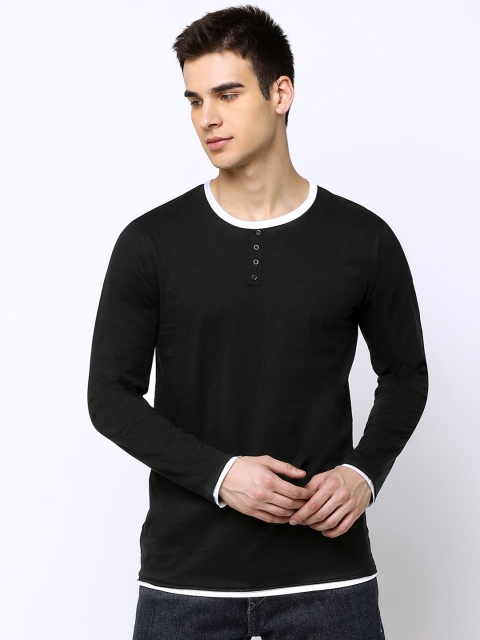 

Maniac Men Black Solid Henley Neck Slim Fit Pure Cotton T-shirt