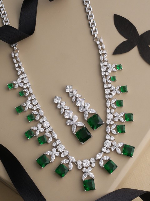 

Tistabene Silver-Toned White & Green Artificial Stone Studded Jewellery Set