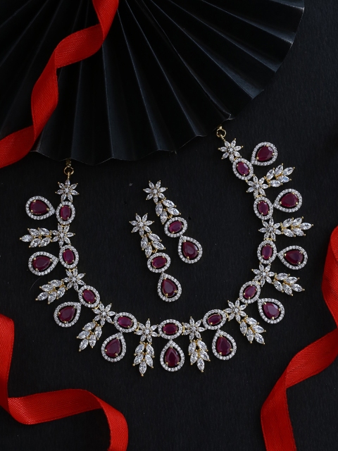 

Studio Voylla Maroon & White Gold-Plated CZ Stone-Studded Jewellery Set