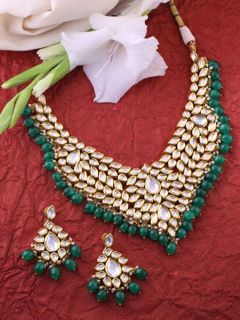 

Tistabene Gold-Plated Green & White Kundan Studded Beaded Meenakari Jewellery Set