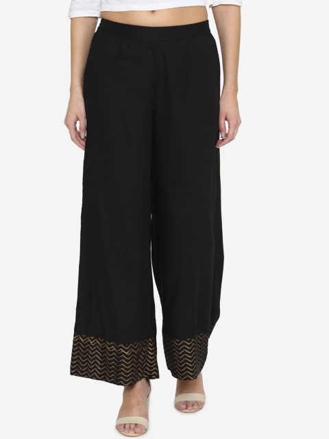 Laabha Women Black Block Printed Hem Design Straight Palazzos