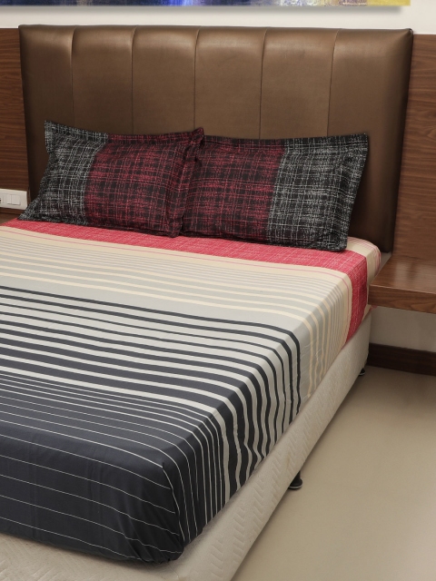 

GRES HOME Grey & Pink Striped 210 TC Cotton 1 King Bedsheet with 2 Pillow Covers
