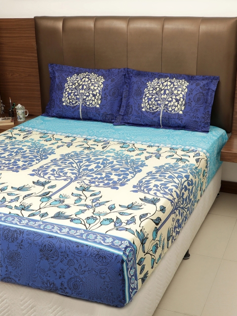 

GRES HOME White & Blue Ethnic Motifs 210 TC 1 King Bedsheet with 2 Pillow Covers