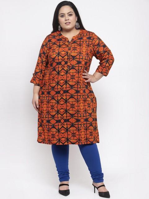 

plusS Women Orange & Black Printed Straight Kurta