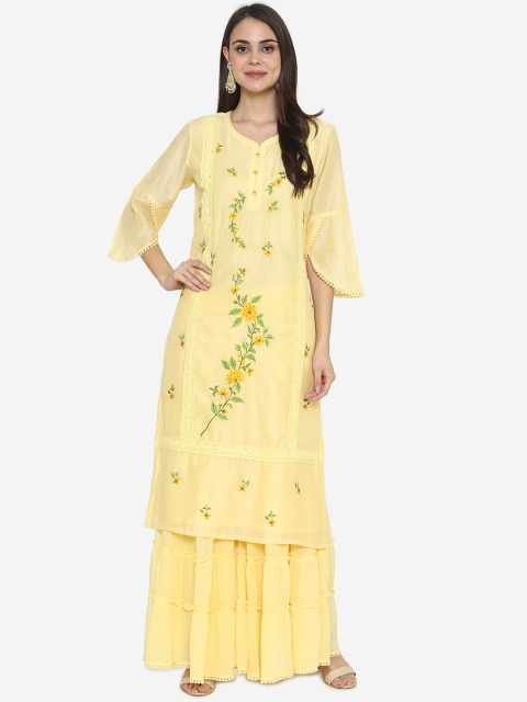 

Laabha Women Yellow & Green Embroidered Kurta with Palazzos