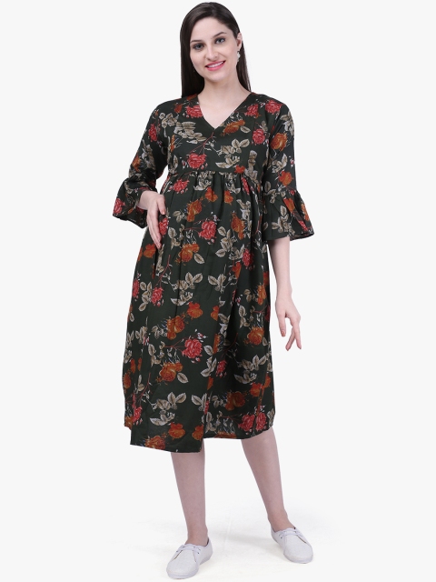

MomToBe Women Green Printed Fit and Flare Maternity Dress