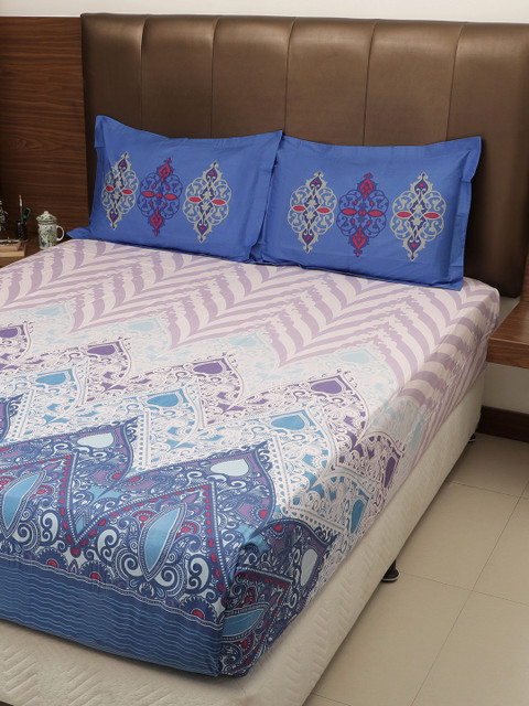 

GRES HOME Pink & Blue Ethnic Motifs 210 TC Cotton 1 King Bedsheet with 2 Pillow Covers