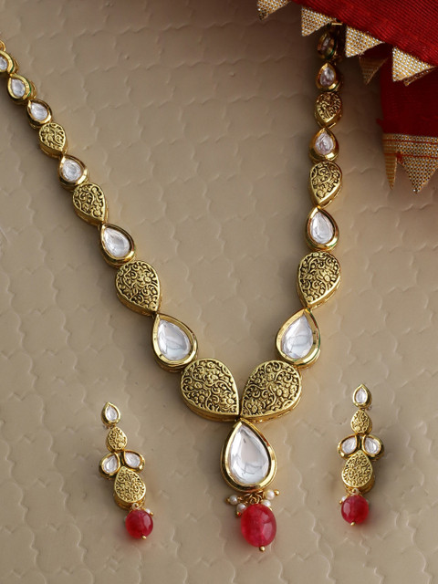 

Tistabene Gold-Plated White & Red Stone-Studded Antique Jewellery Set