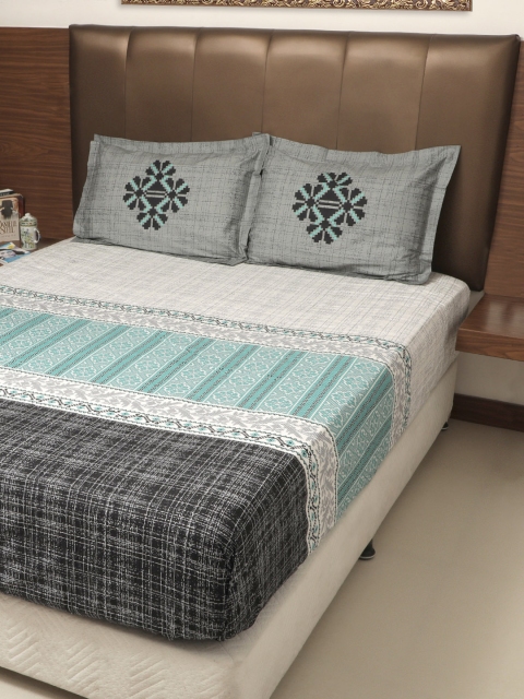 

GRES HOME White & Green Ethnic Motifs 210 TC Cotton 1 King Bedsheet with 2 Pillow Covers