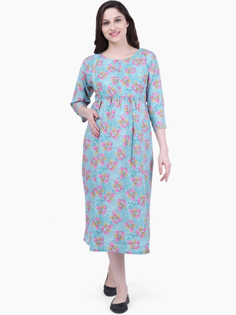 MomToBe Women Blue Printed Fit and Flare Maternity Dress