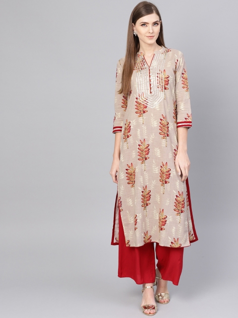 

Yuris Women Beige & Maroon Printed Straight Kurta