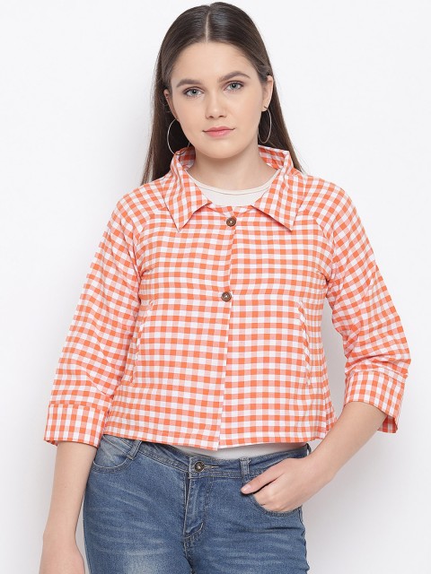 

FABNEST Women Orange & White Checked Lightweight Tailored Jacket