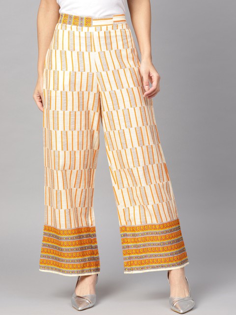 

Yuris Women Cream-Coloured & Orange Printed Straight Palazzos