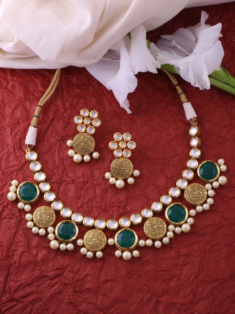

Tistabene Gold-Plated Green & White Artificial Stone & Bead Embellished Jewellery Set
