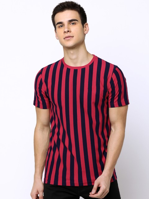 

Maniac Men Red & Navy Blue Striped Round Neck Slim Fit T-shirt