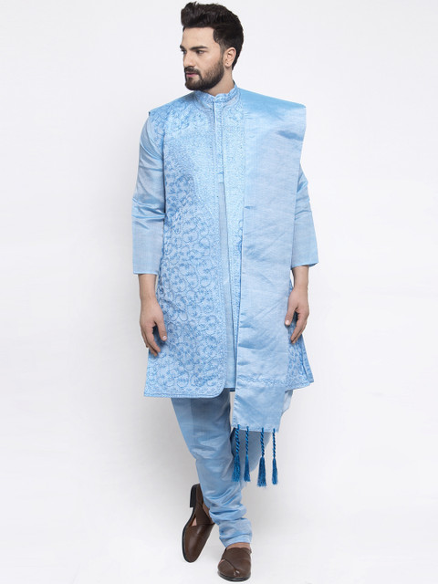 

TREEMODA Men Blue Embroidered Kurta with Churidar & Dupatta