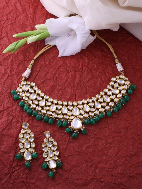 

Tistabene Gold-Plated Green Artificial Stone & Bead Studded Kundan Jewellery Set