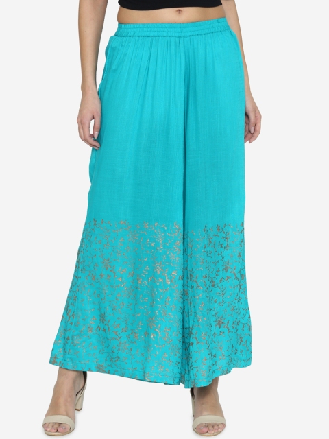 

Laabha Women Blue & Golden Block Printed Flared Palazzos