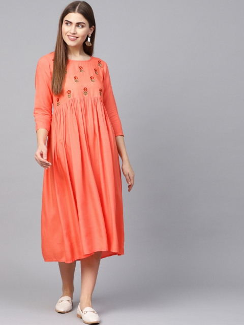 

Yuris Women Coral Orange Embroidered Empire Dress