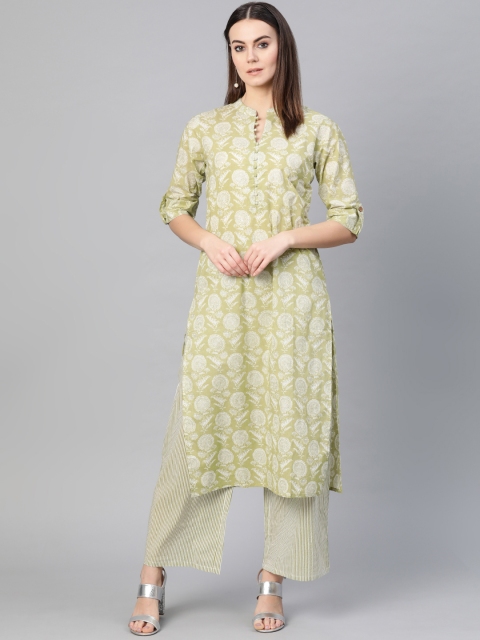 

Yuris Women Lime Green & White Printed Straight Kurta