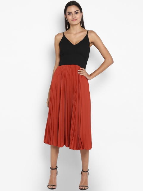

MIAMINX Women Rust Red Colourblocked Fit and Flare Dress