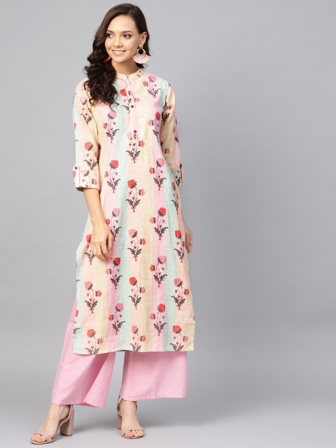 

Yuris Women Pink & Yellow Printed Straight Kurta