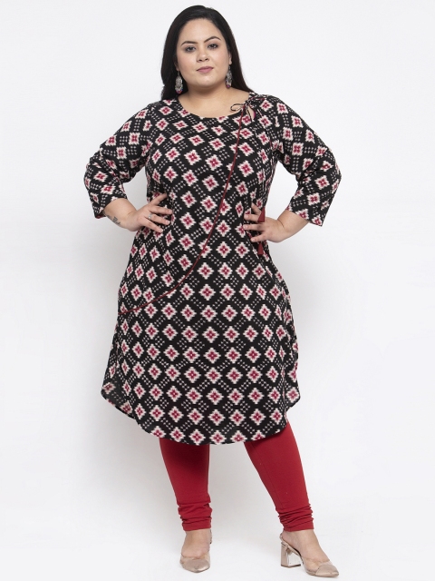 

plusS Women Black & Red Printed Straight Kurta
