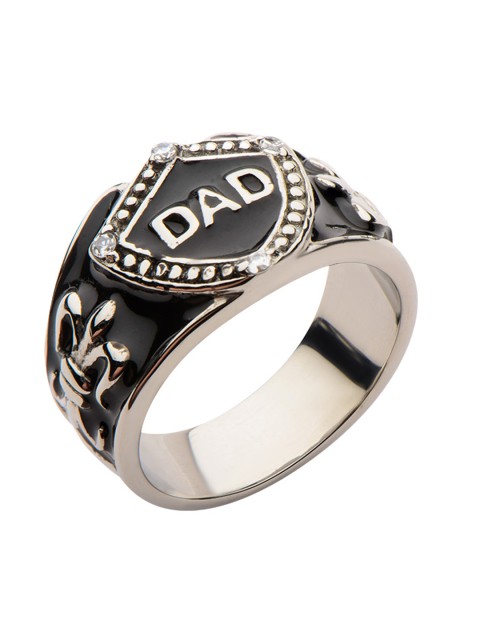 

Inox Jewelry Men Sliver-Toned & Black DAD Crest Ring With Fleur Di Lis Accent