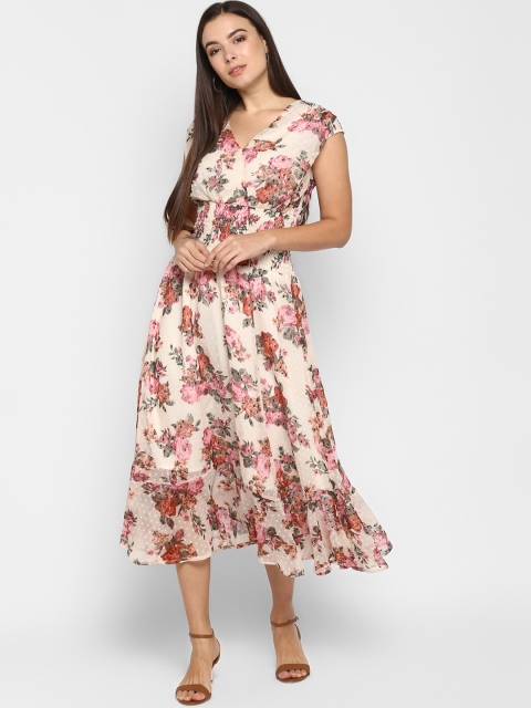 

MIAMINX Women Beige Printed Fit and Flare Dress