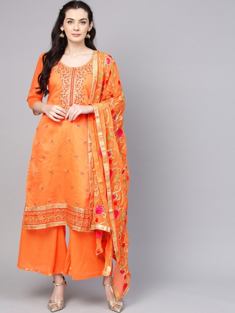 

Ishin Women Orange Embroidered Kurta with Palazzos & Dupatta