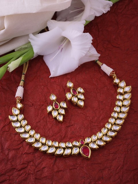 Tistabene Gold-Plated Red Artificial Stone Studded Handcrafted Jewellery Set