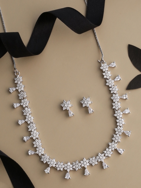 

Tistabene Women Rhodium Plated & White Stone Studded Jewellery Set