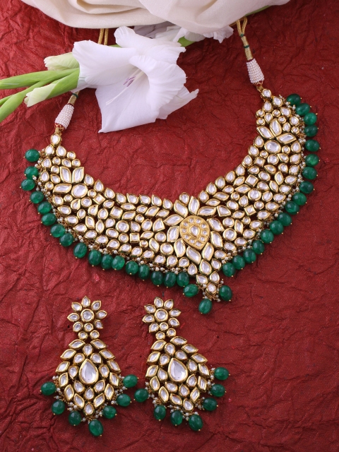 

Tistabene Gold-Plated Green Artificial Stone & Bead Studded Kundan Jewellery Set
