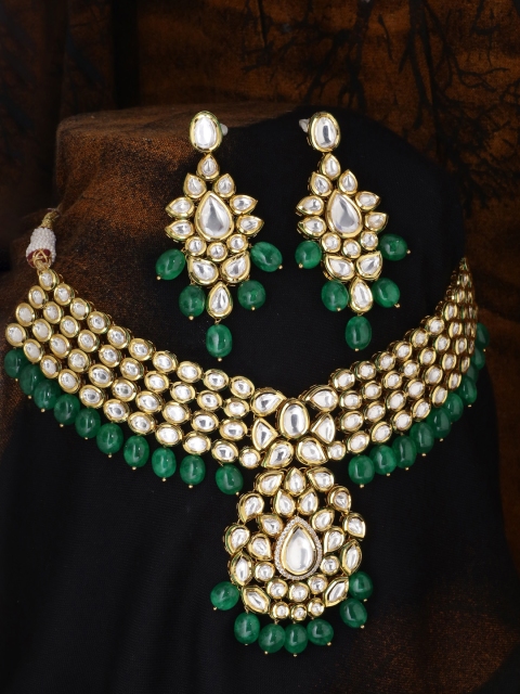 

Tistabene Gold-Plated White & Green Kundan Studded Beaded Meenakari Jewellery Set