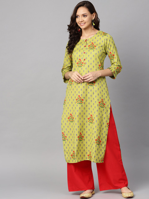 

Yuris Women Green & Red Printed Straight Kurta