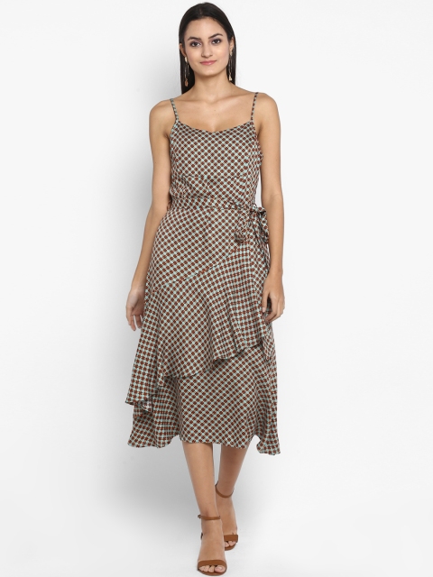 

MIAMINX Women Brown Checked Fit and Flare Dress