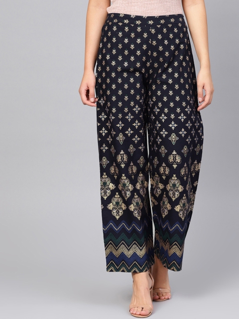 

Yuris Women Navy Blue & Golden Printed Straight Palazzos
