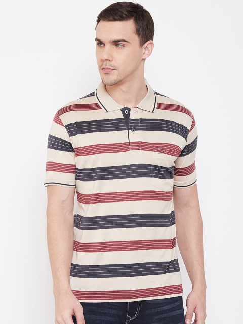 

Duke Men Beige & Maroon Striped Polo Collar T-shirt