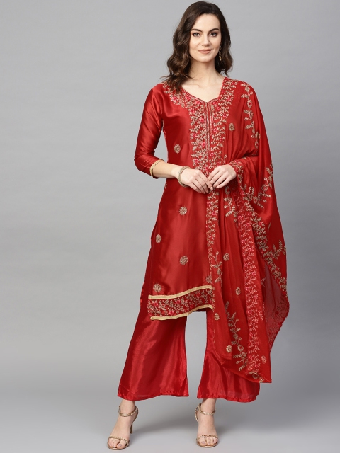 

Ishin Women Red Embroidered Kurta with Palazzos & Dupatta