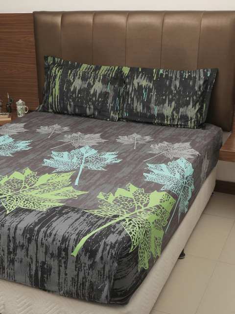 

GRES HOME Charcoal Grey & Green Floral 210 TC Cotton 1 King Bedsheet with 2 Pillow Covers