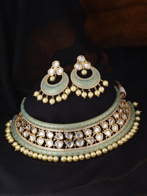 

Tistabene Gold-Plated Mint Green Enamelled & Kundan Studded Jewellery Set