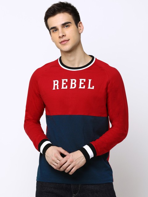 

Maniac Men Red & Navy Blue Colourblocked Round Neck Slim Fit T-shirt