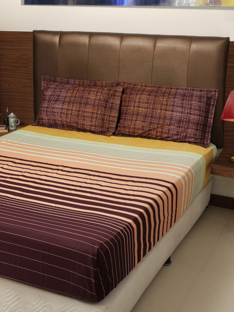 

GRES HOME Aubergine & Peach-Coloured Striped 210 TC 1 King Bedsheet with 2 Pillow Covers, Purple