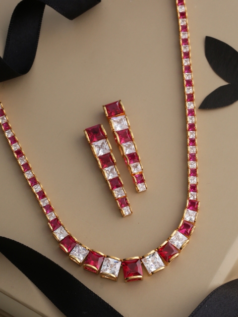 

Tistabene Gold-Plated Pink & White Stone Studded Jewellery Set, Red