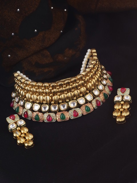 

Tistabene Gold-Plated Green & Pink Kundan Studded Enamelled Jewellery Set