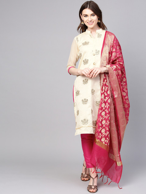 

Ishin Women Off-White & Pink Embroidered Kurta with Trousers & Dupatta