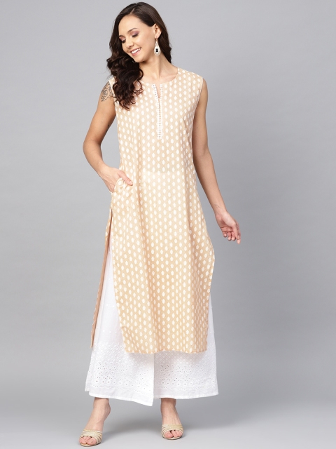 

Yuris Women Beige & White Printed Straight Kurta